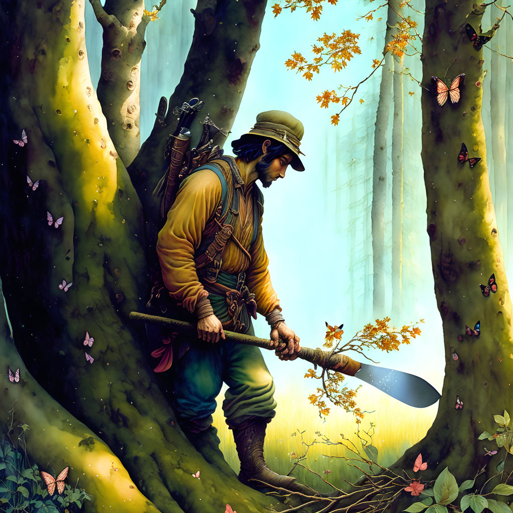 Tranquil traveler resting in sunlit forest with butterflies and shovel