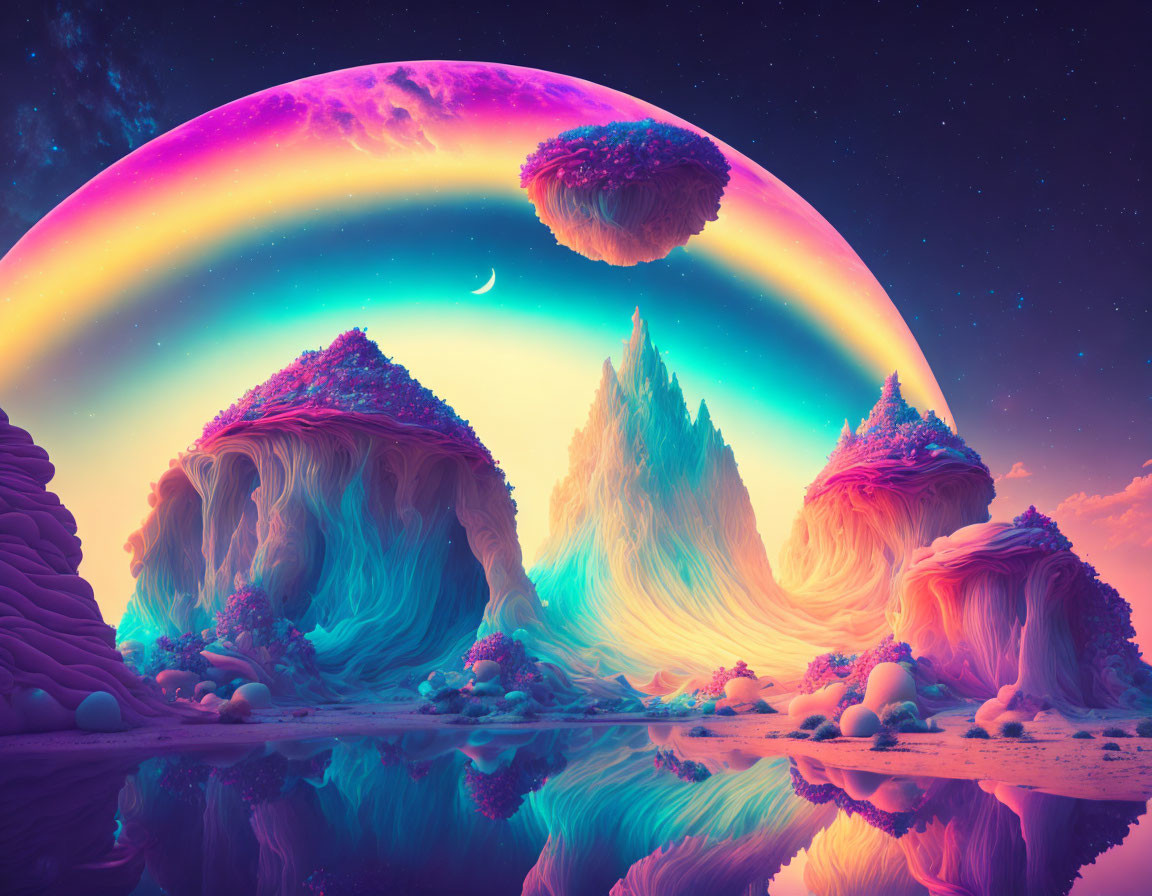 Vibrant surreal landscape with rainbow skies, mountains, islands, and crescent moon