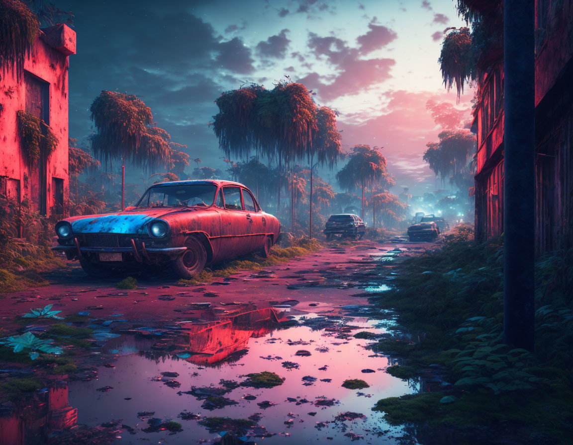 Dystopian neon-lit street scene at dusk with overgrown foliage and abandoned cars