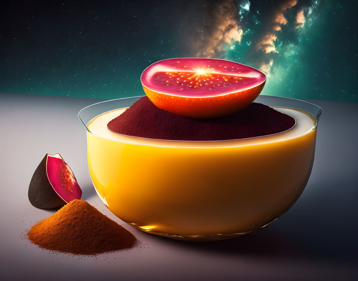 Colorful sliced fruit with starry glow on red powder in cosmic setting