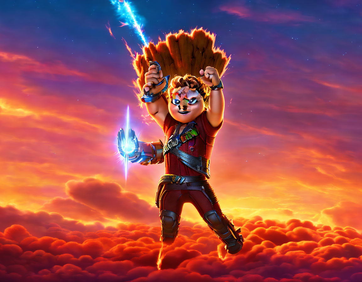 Spiky-haired character wielding glowing axe leaps over orange clouds at sunset