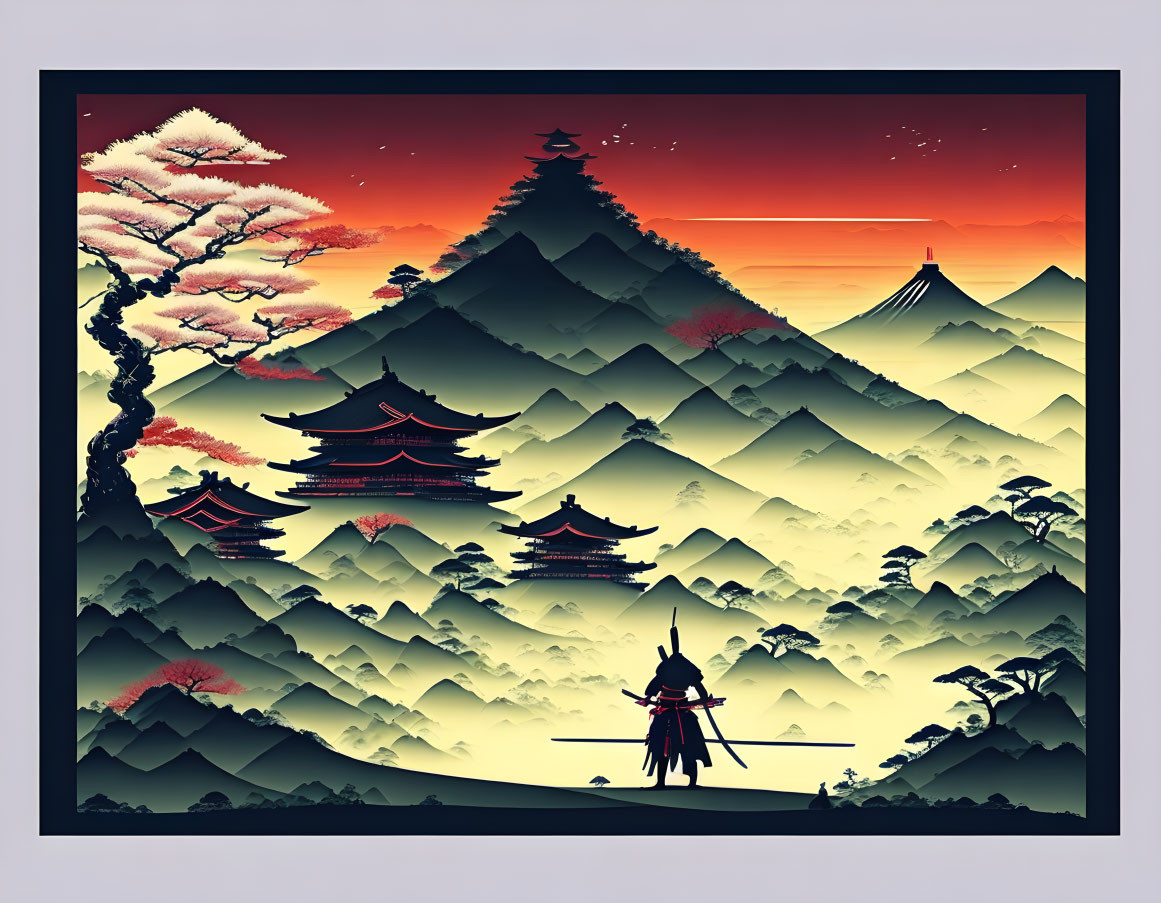 Samurai gazing at distant temple in misty mountains under red sky