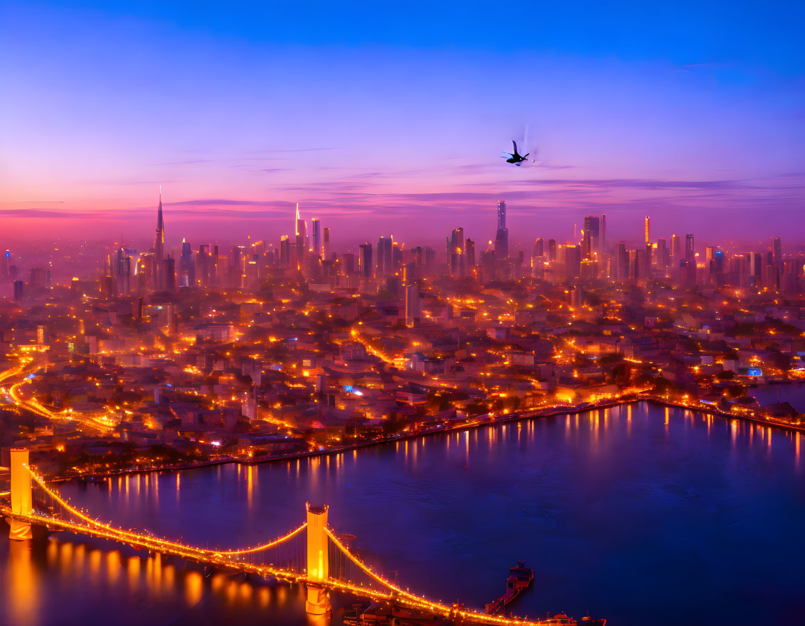 Cityscape: Plane flying over illuminated streets and lit bridge at twilight in vibrant sky