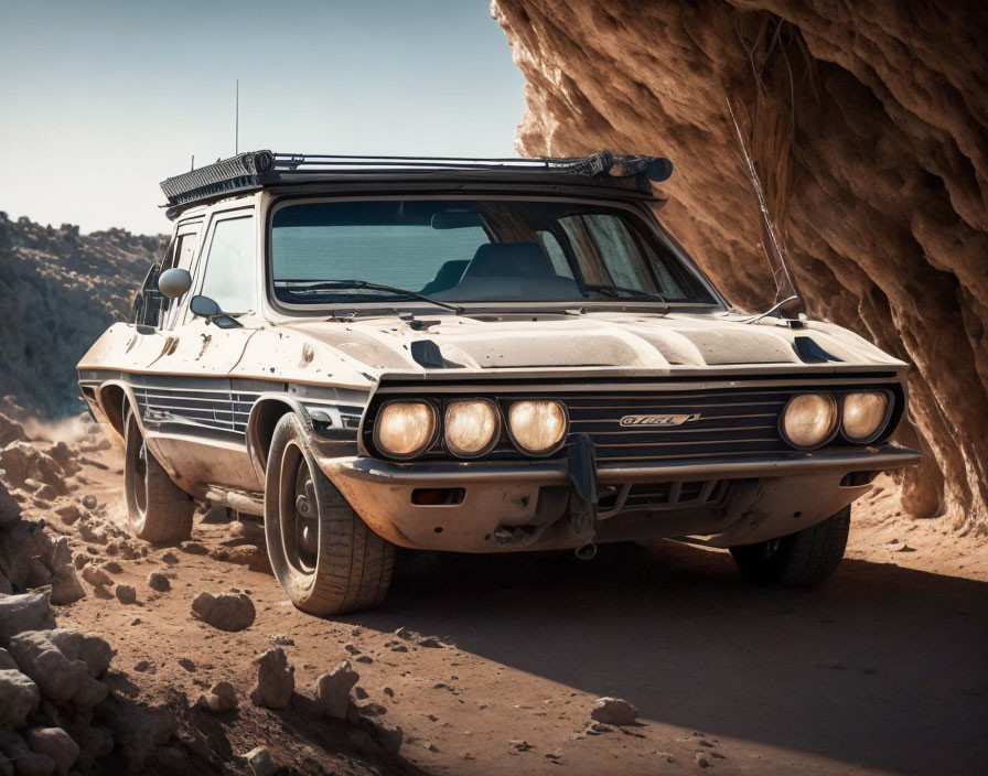 Vintage Car with Roof Rack Parked in Desert Trail among Rock Formations