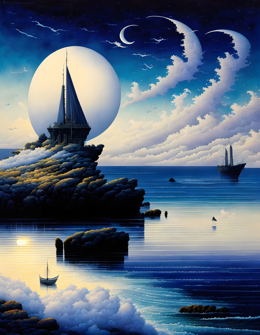 Fantastical nightscape with moon, tower, ships, and stars