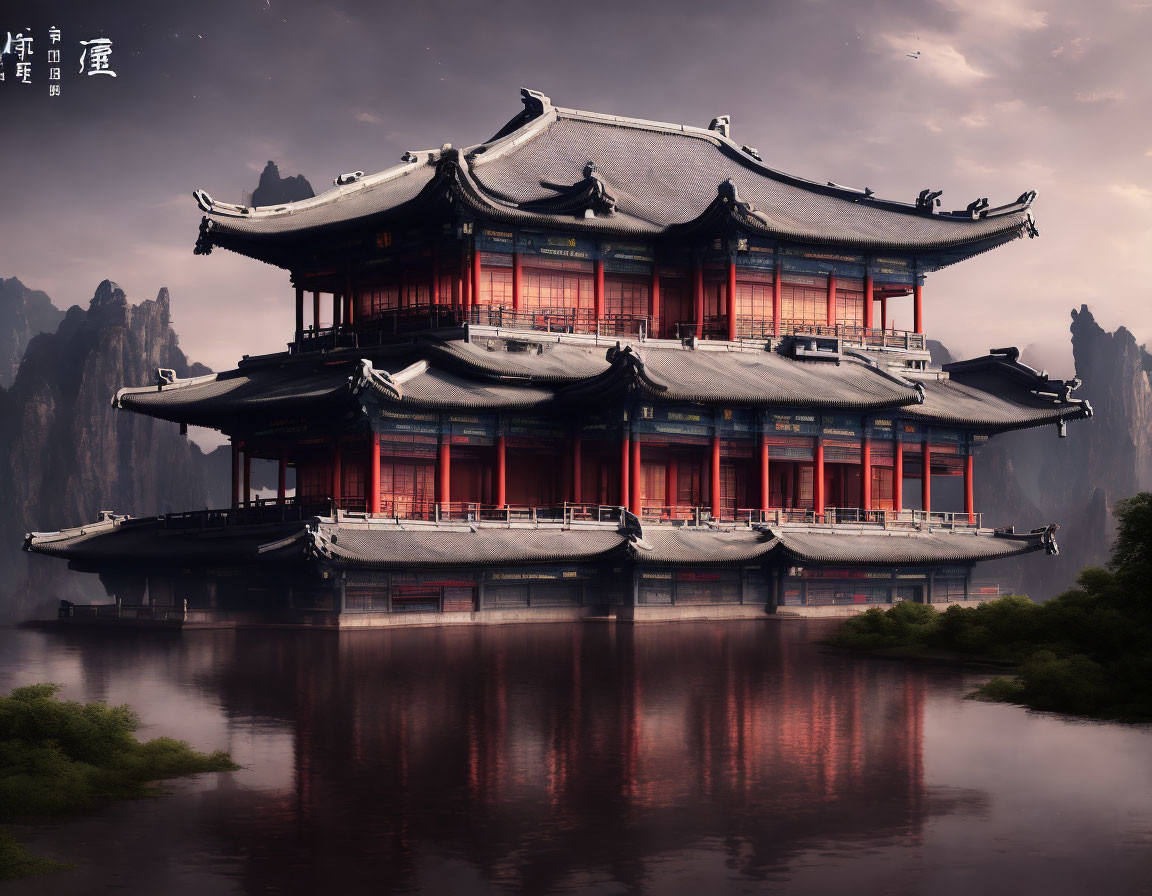 Traditional Asian-style building with multiple eaves near serene water and misty peaks