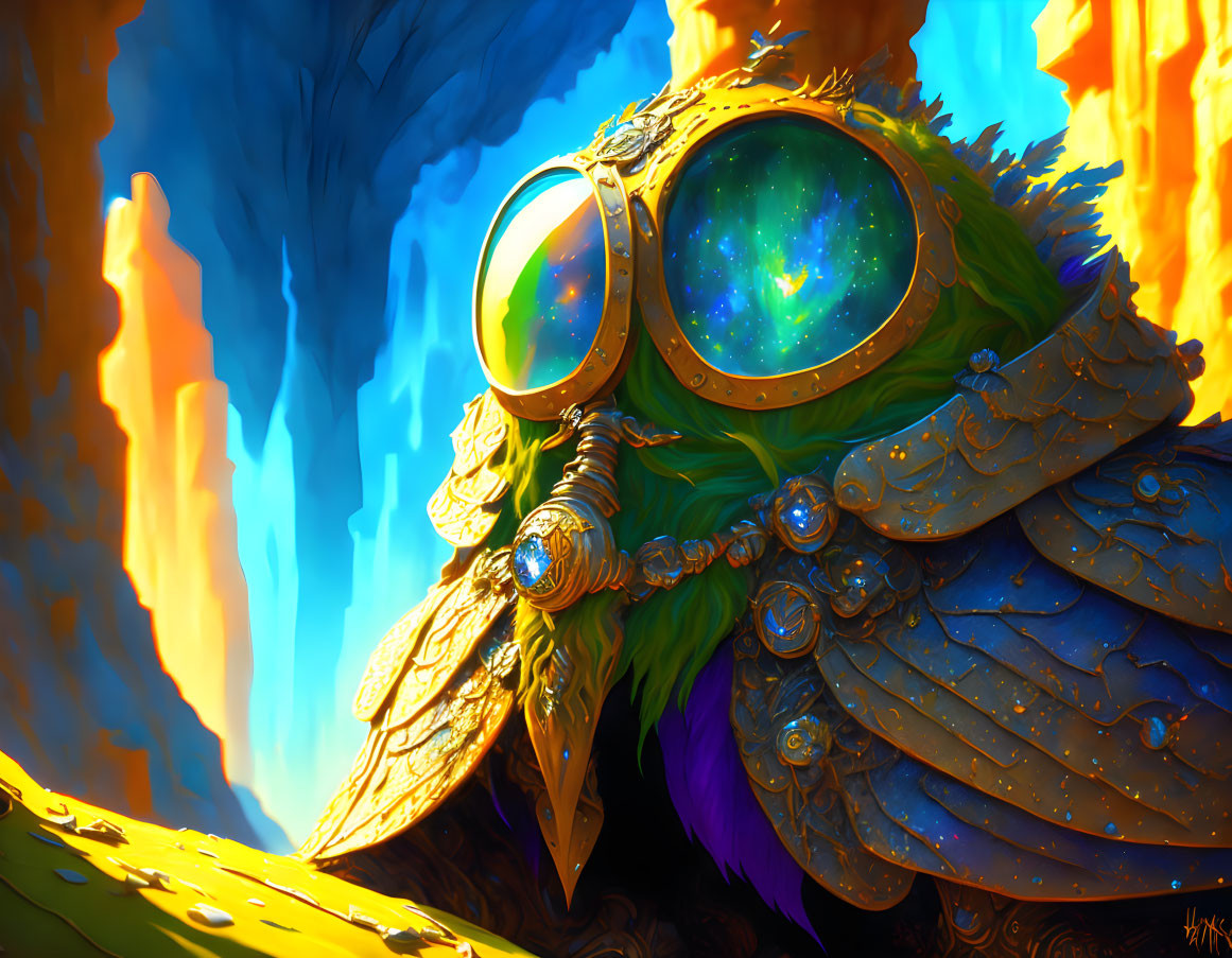 Owl illustration with cosmic goggles, golden armor, gemstones, fiery background