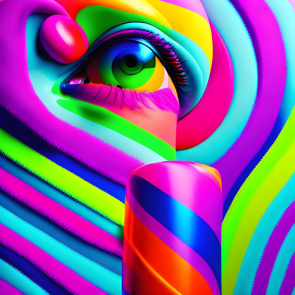 Colorful Abstract Digital Art: Vibrant Face with Swirling Patterns and Green Eye