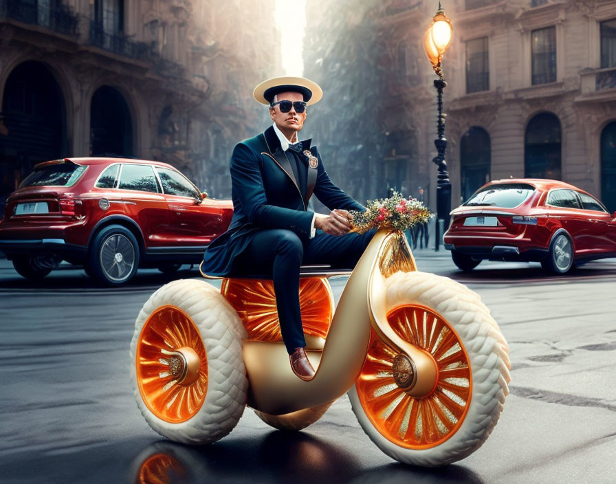 Stylish individual on golden futuristic bike in city street