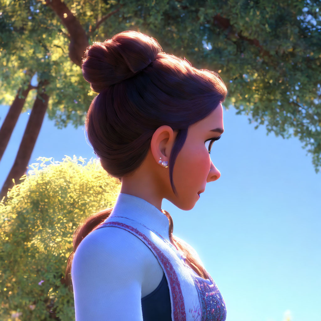 Detailed 3D-rendered image of female character with hair bun, earrings, blue top, in