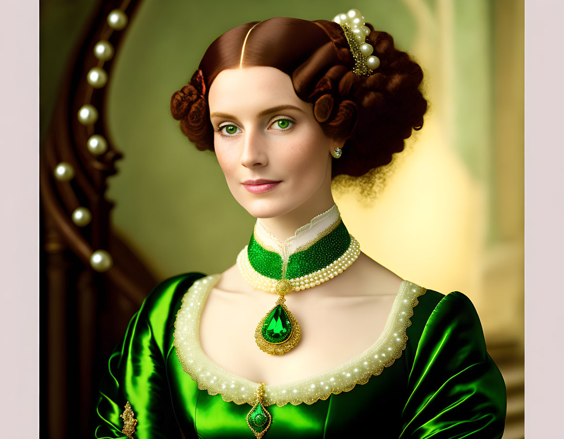 Portrait of Woman in Elegant Green Dress with Victorian Hairstyle