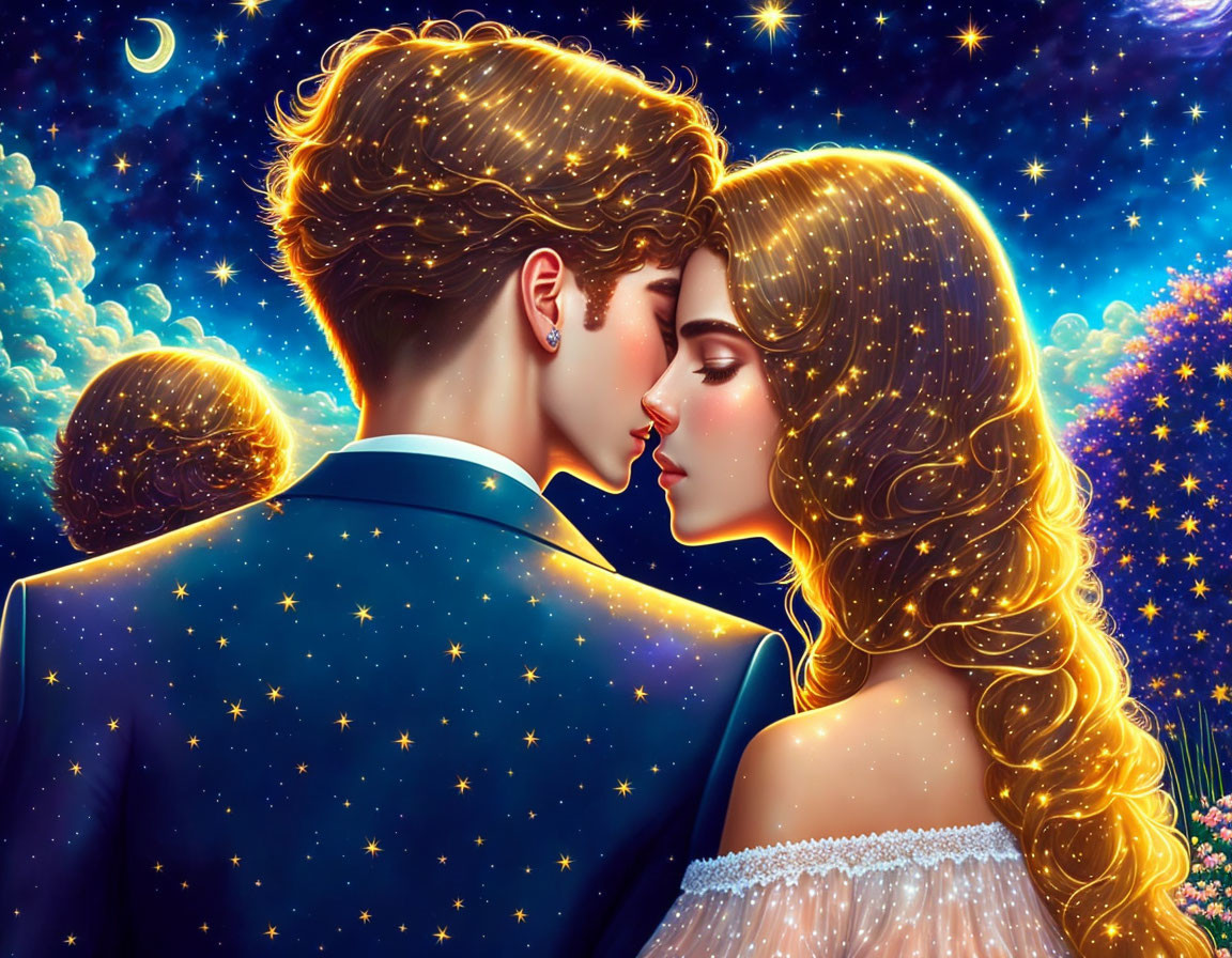 Illustrated couple under starry night sky sharing tender moment.