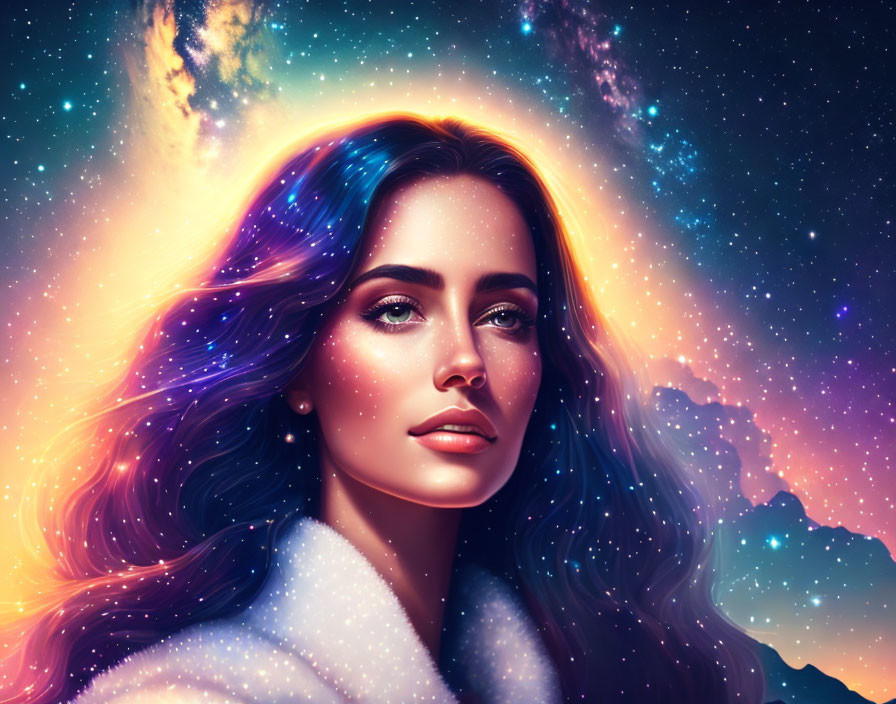 Cosmic-themed digital art portrait of a woman with vibrant starry space background