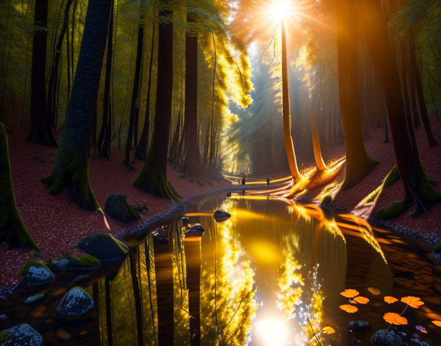 Forest pond with floating leaves under sunlight