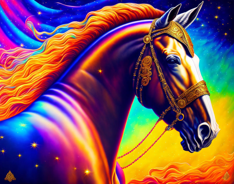 Vibrant horse artwork with golden bridle in cosmic setting