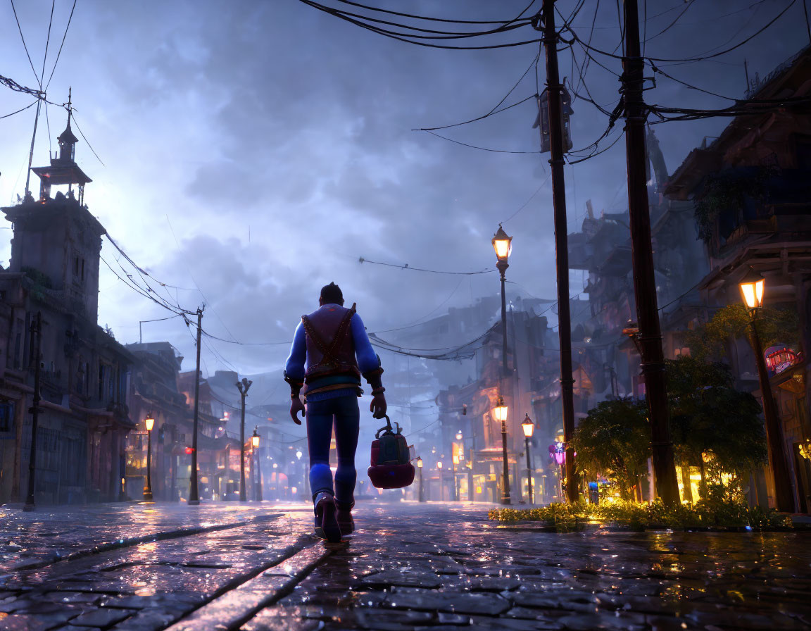 Person walking on wet cobblestone street in old-fashioned town at night