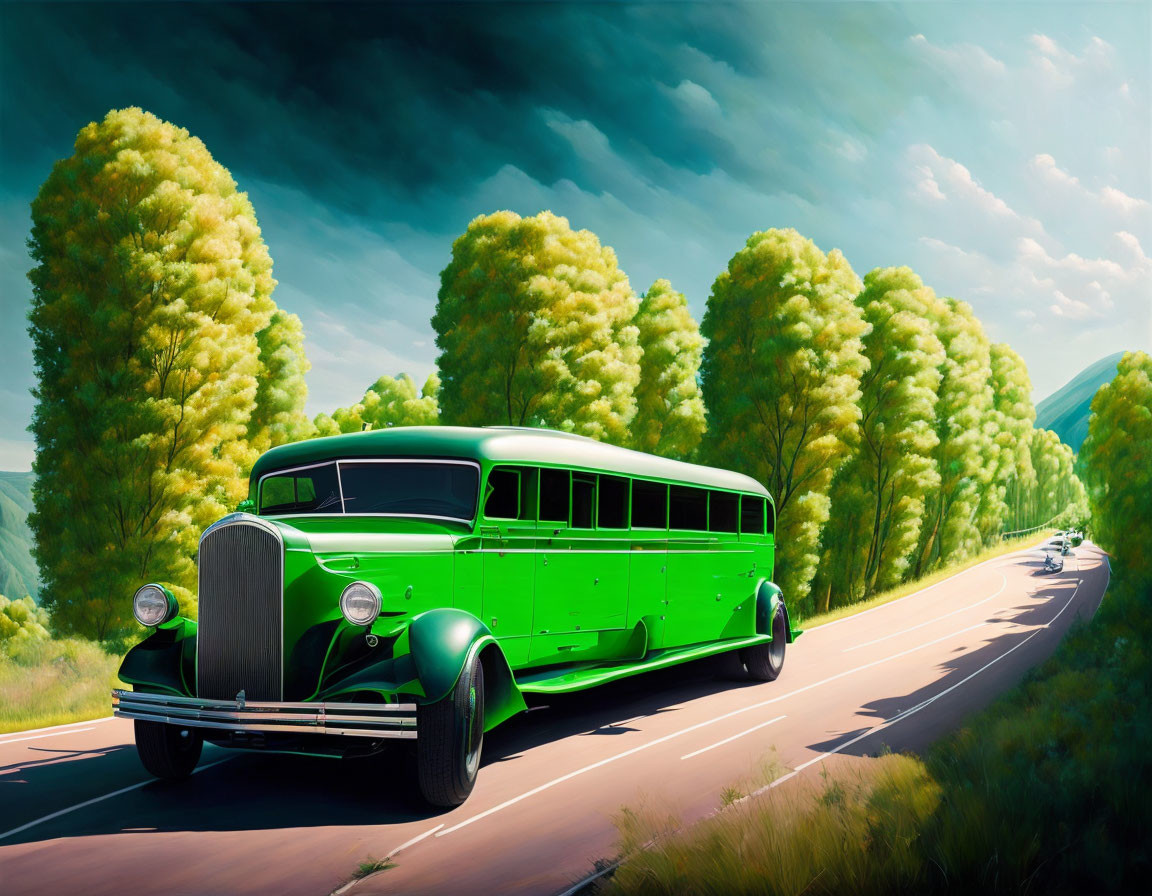 Vintage Green Bus Driving on Tree-Lined Road with Bright Sky