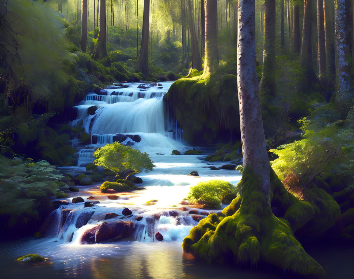 Tranquil waterfall in sunlit forest with greenery