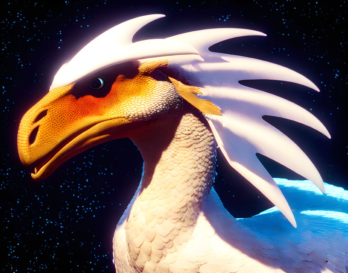 Majestic orange dragon with white horns against starry night sky