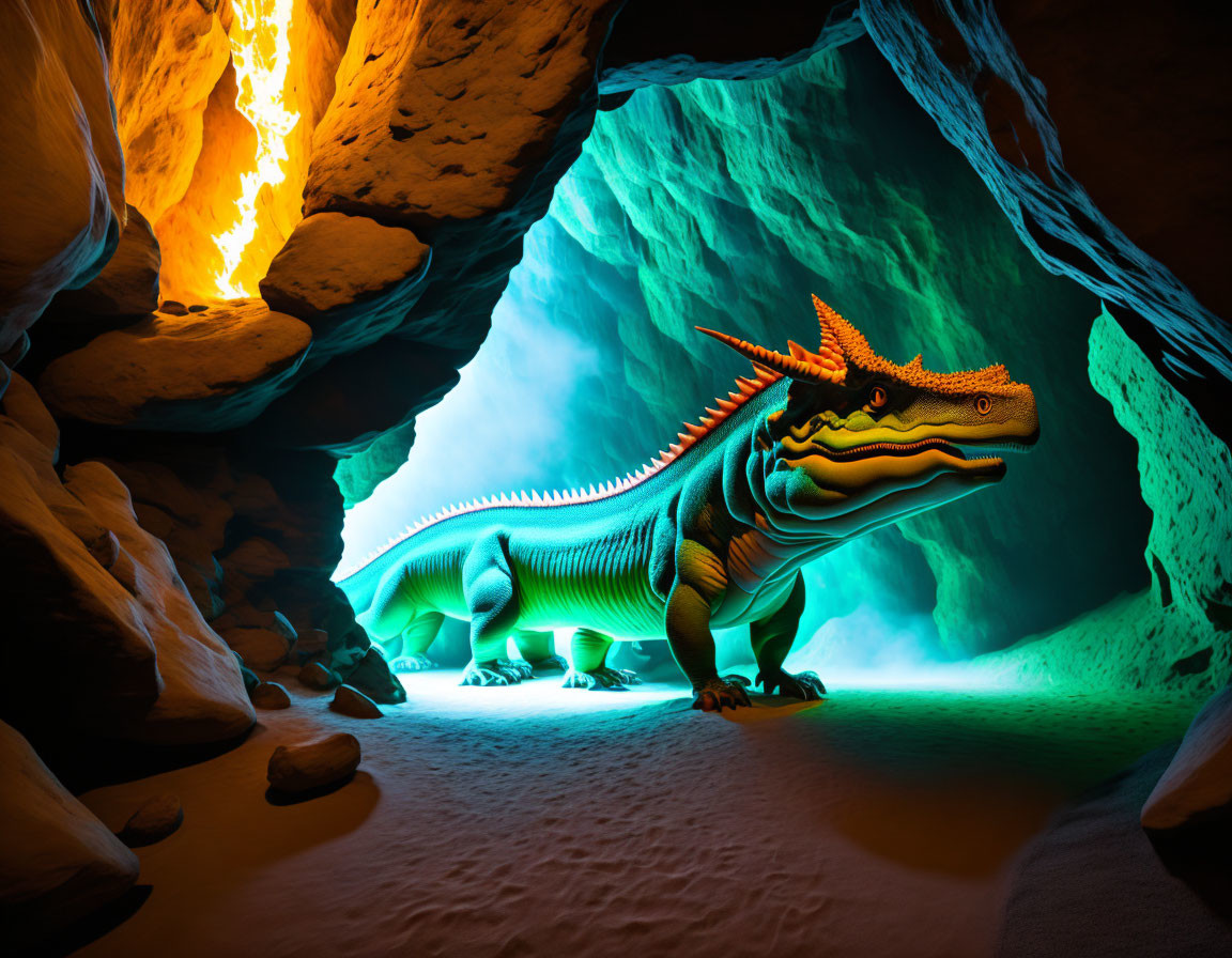 Colorful 3D dragon illustration in cave with blue light and orange flames