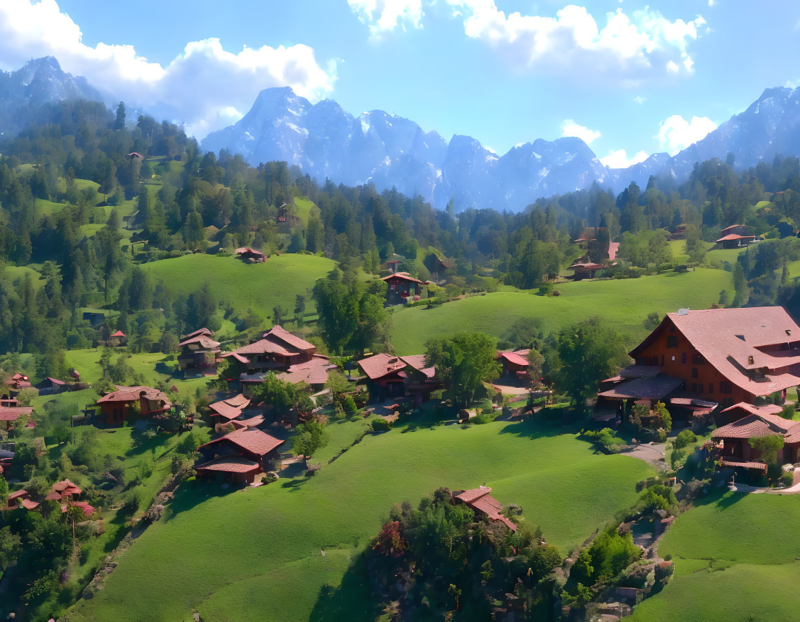 Scenic village with red-roofed houses in green hills