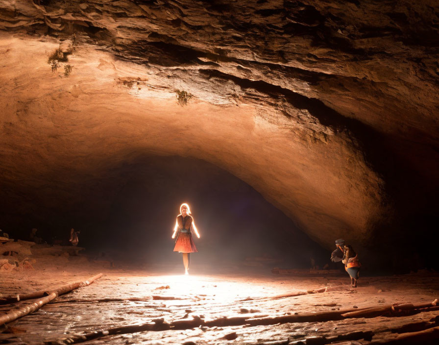 Two people in a large cave with dramatic lighting.