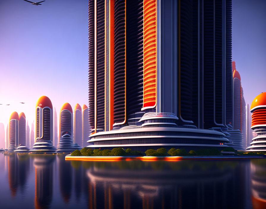 Futuristic cityscape with tall buildings at sunset by serene water