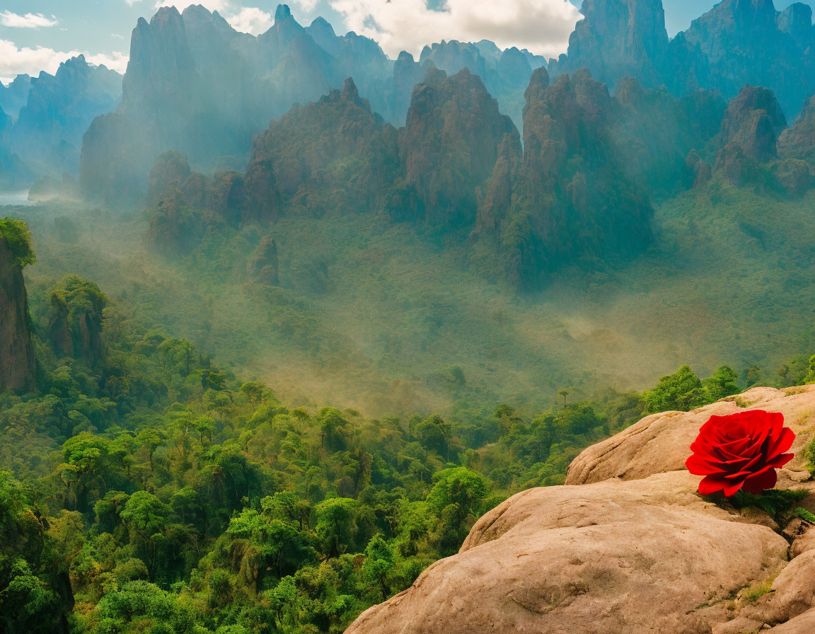 Scenic mountain landscape with greenery and red rose on rocky outcrop