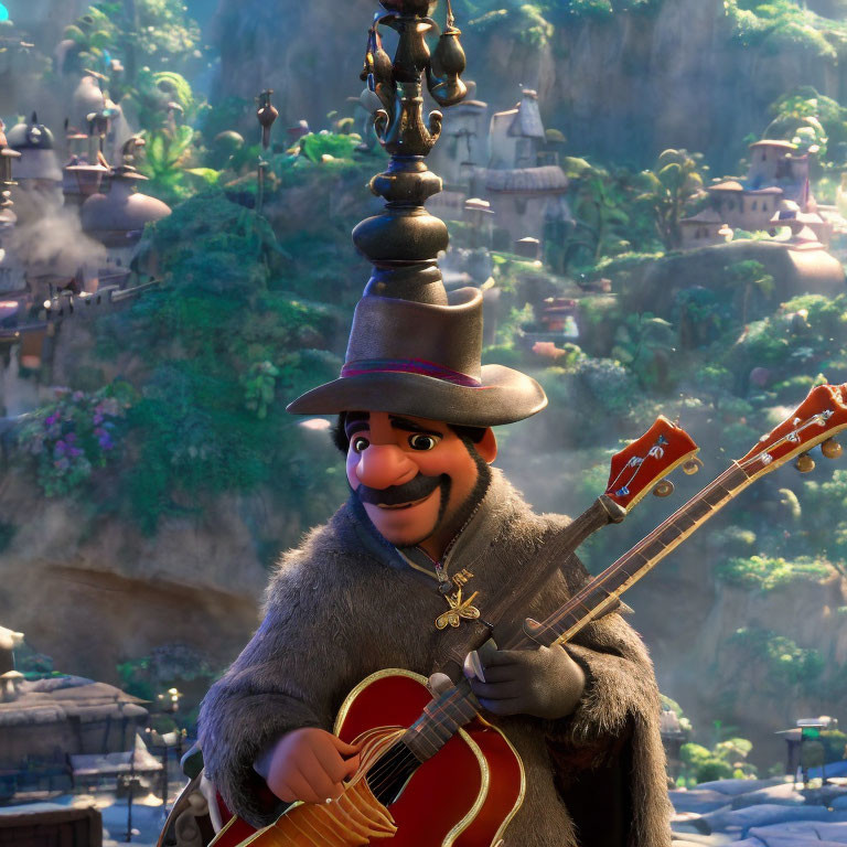 Mustached character in hat and fur coat plays guitar in vibrant forest village