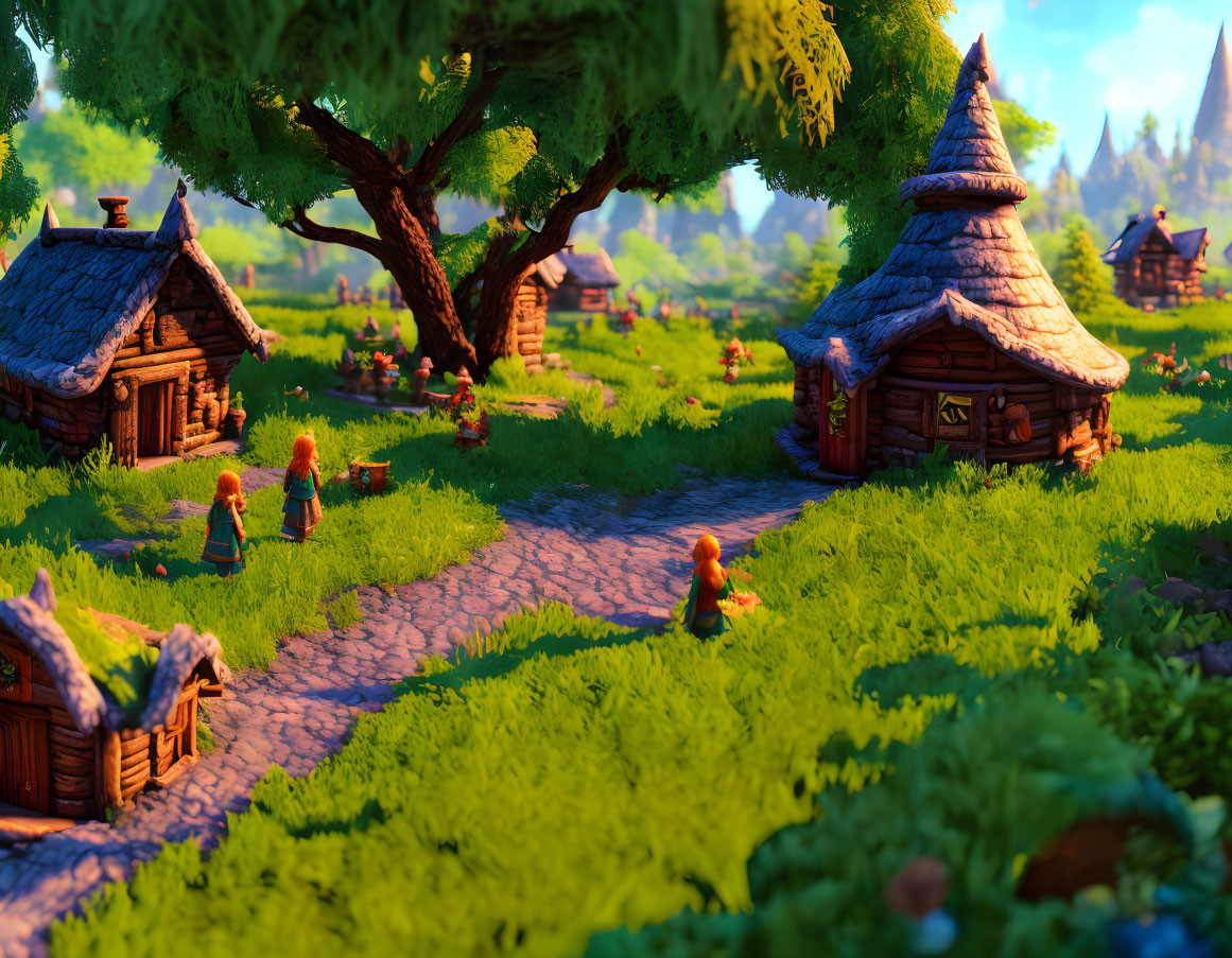 Colorful village scene with rustic cabins and stylized characters in lush environment