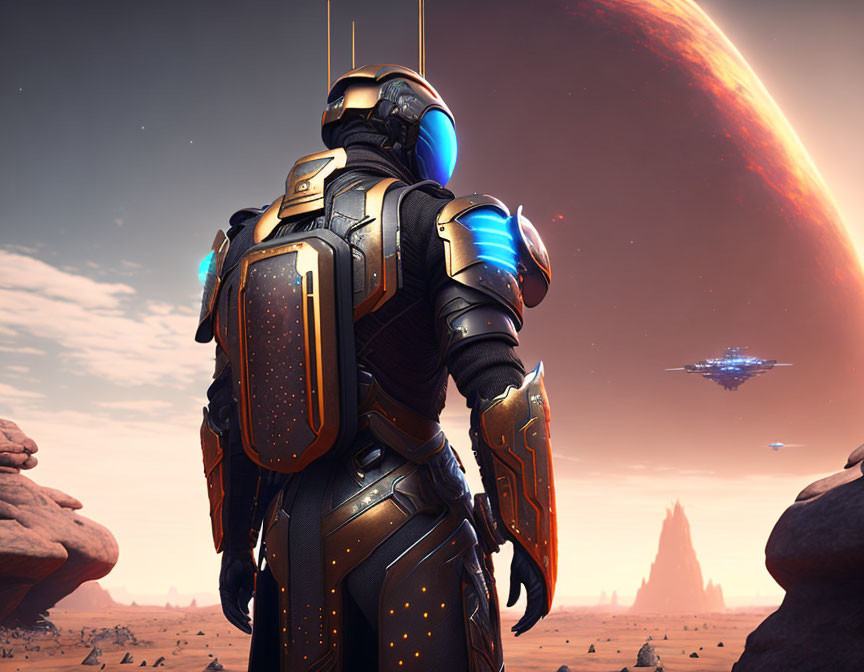 Armored astronaut on alien planet with red sky and spaceship