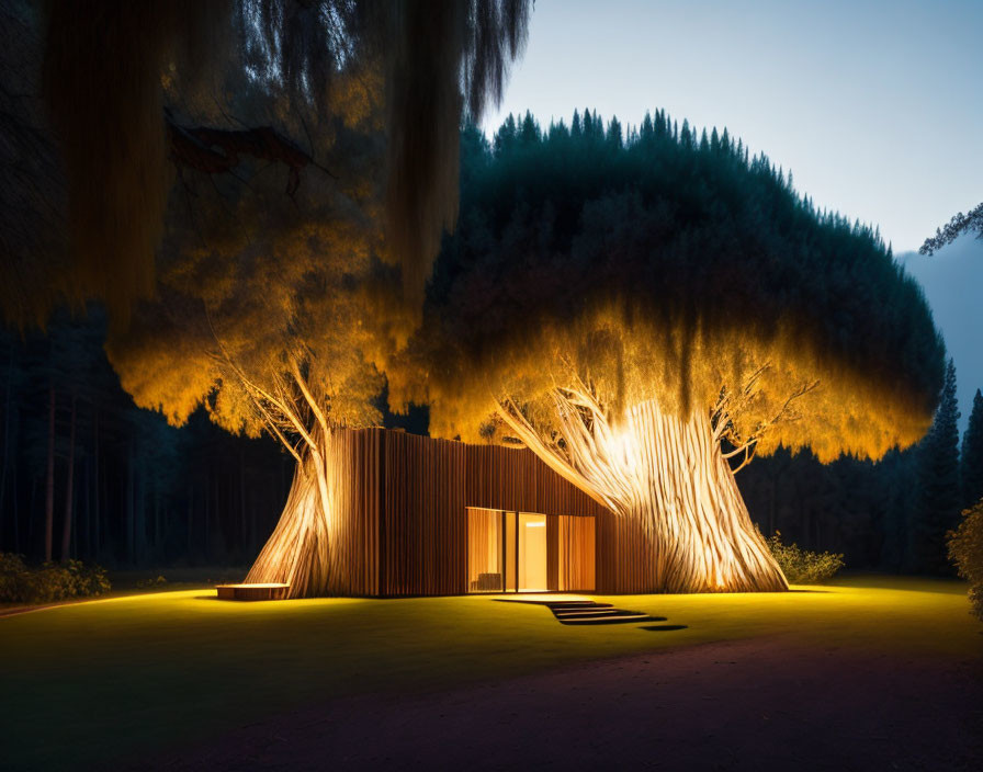 Modern building illuminated at night with glowing trees