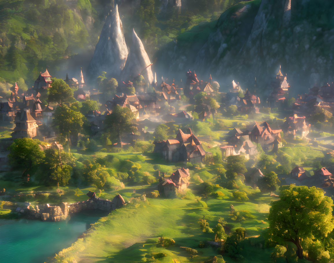 Enchanting village surrounded by hills and rock spires in sunlight and mist.