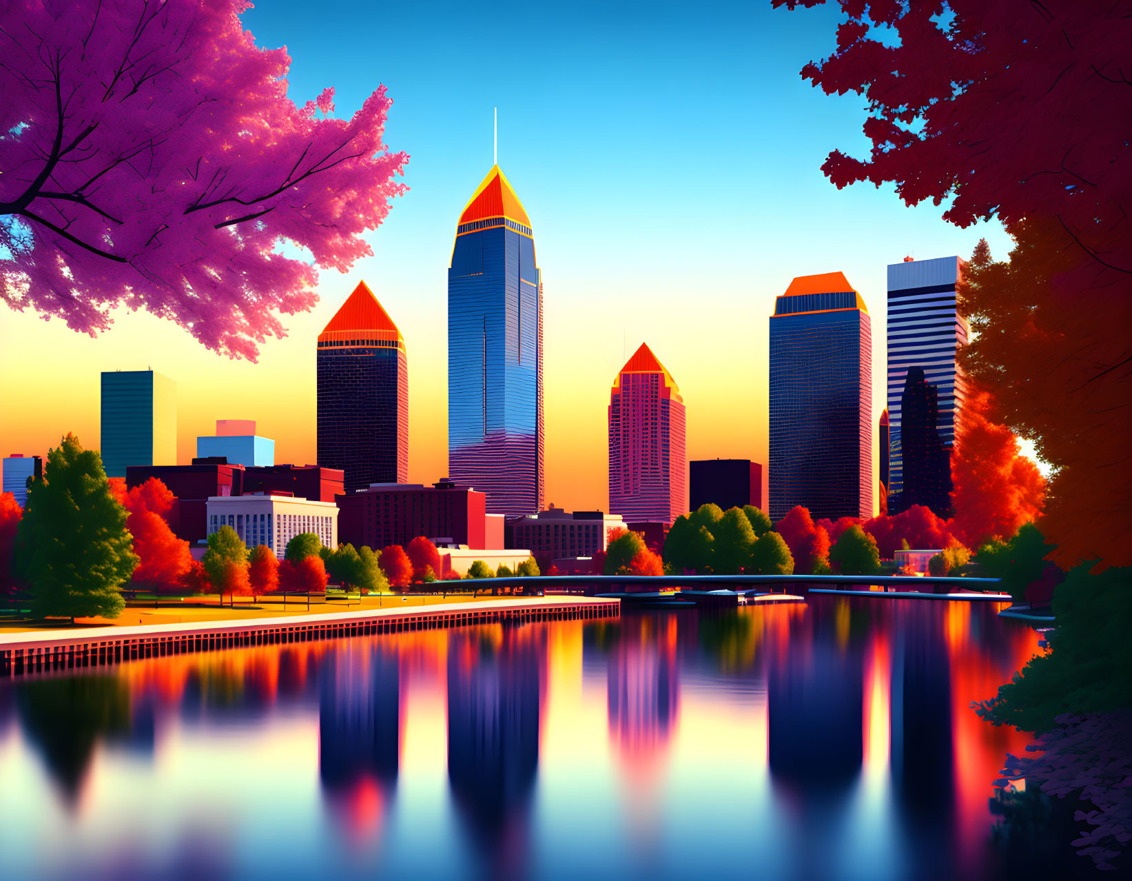 City skyline with reflective skyscrapers by river and autumn trees under blue sky