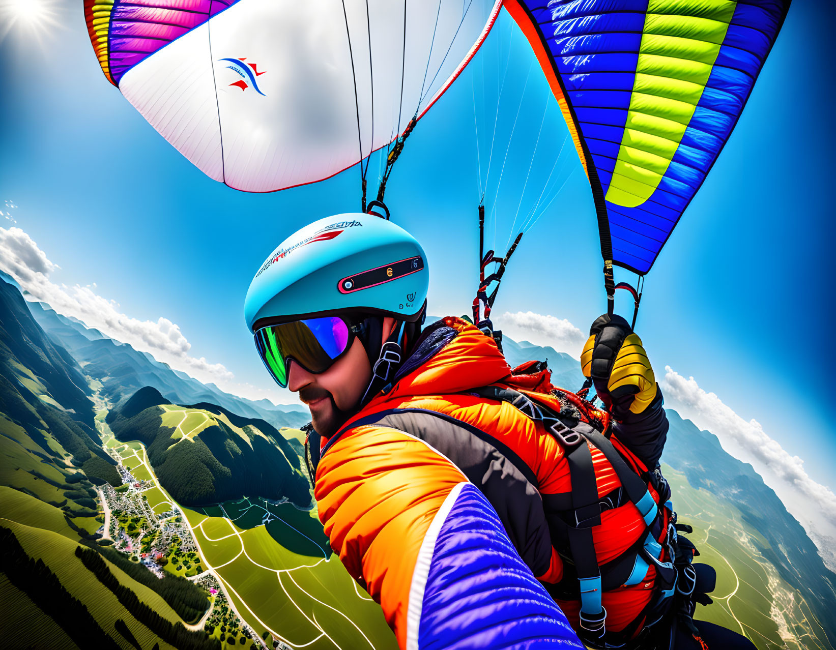 Vibrant paraglider takes selfie above green hills