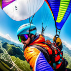 Vibrant paraglider takes selfie above green hills