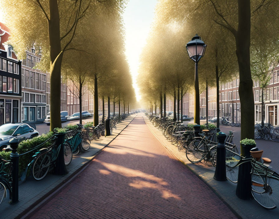 Tranquil Tree-Lined Street with Bicycles by Canal