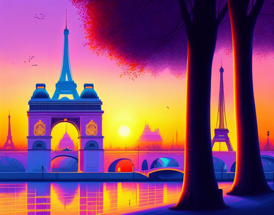 Colorful Parisian Sunset Illustration with Eiffel Tower and Arch