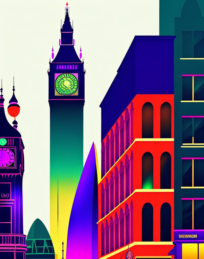 Colorful stylized illustration of iconic buildings with clock tower in purple sky