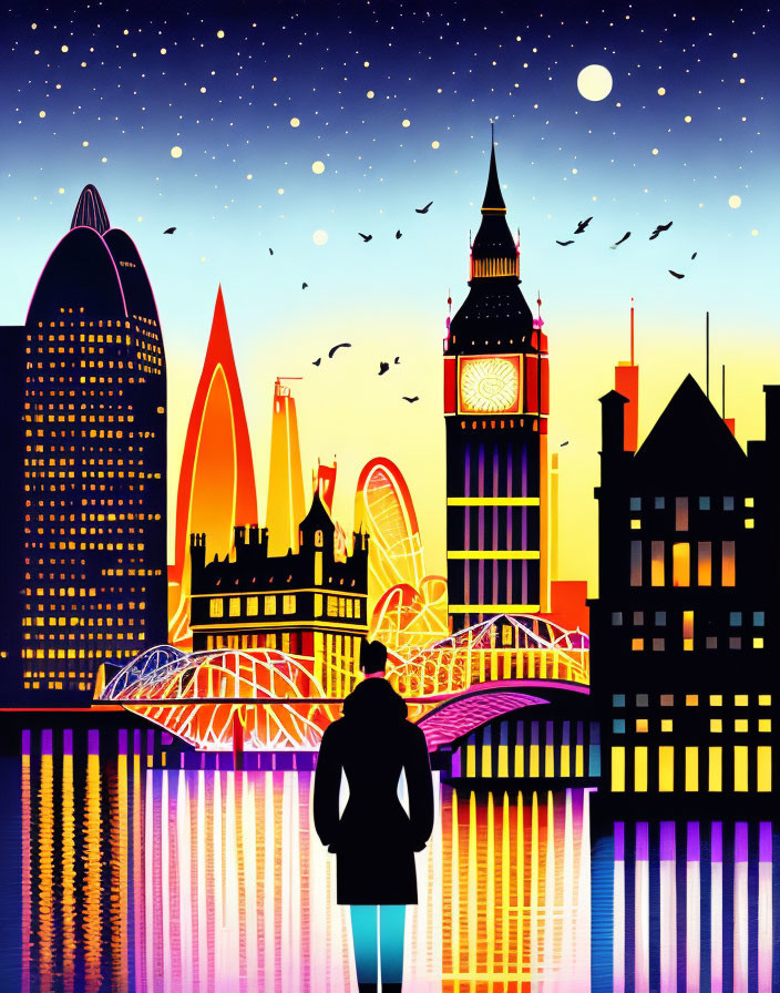 Colorful illustration: Person viewing London skyline at night with Big Ben and London Eye reflections