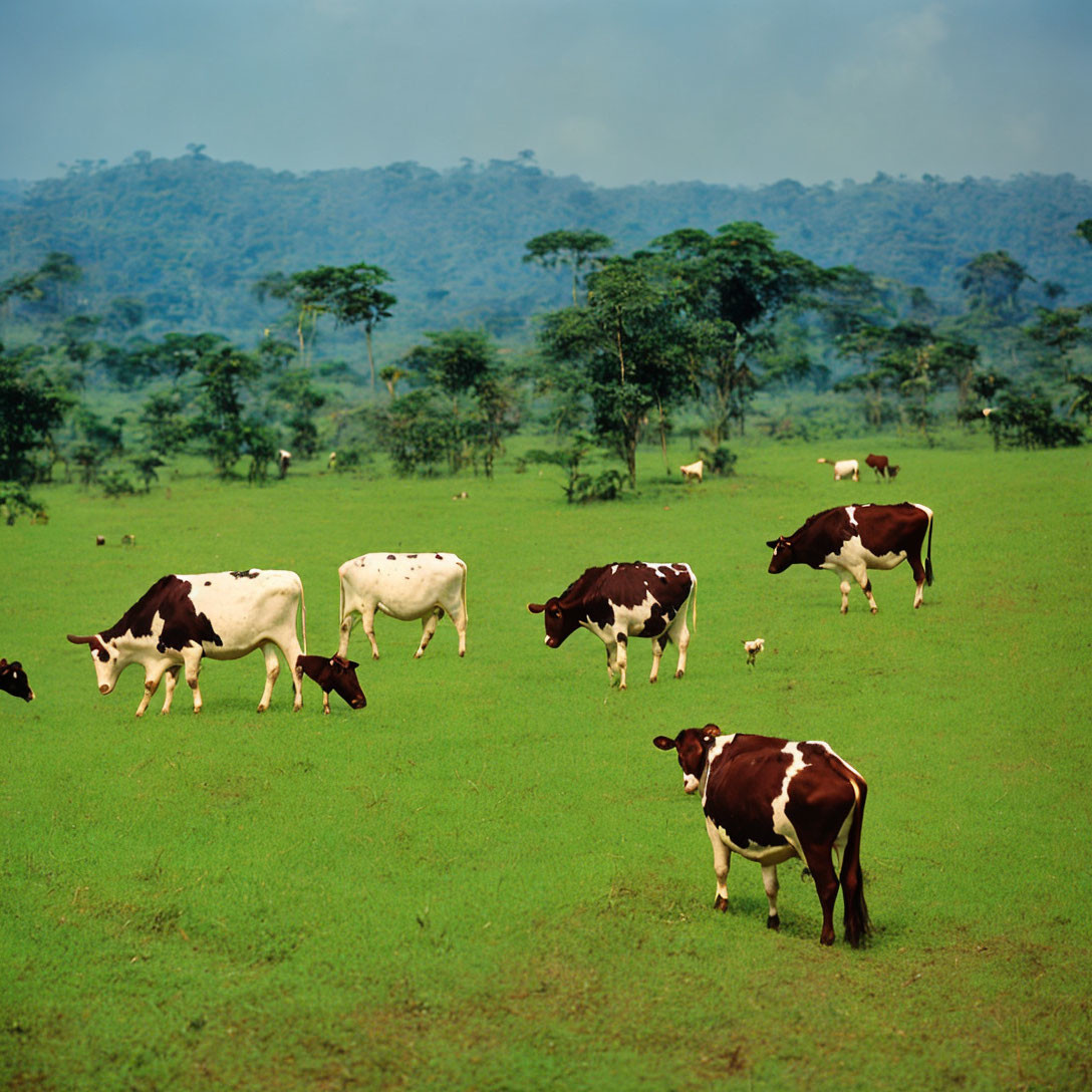 Cows grazing in green field with trees and blue sky