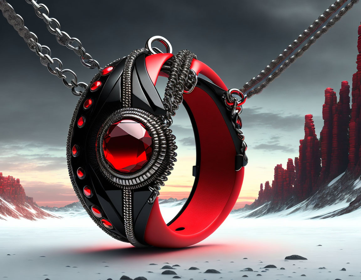 Red and Black Futuristic Pendant with Large Gem on Chain in Otherworldly Landscape