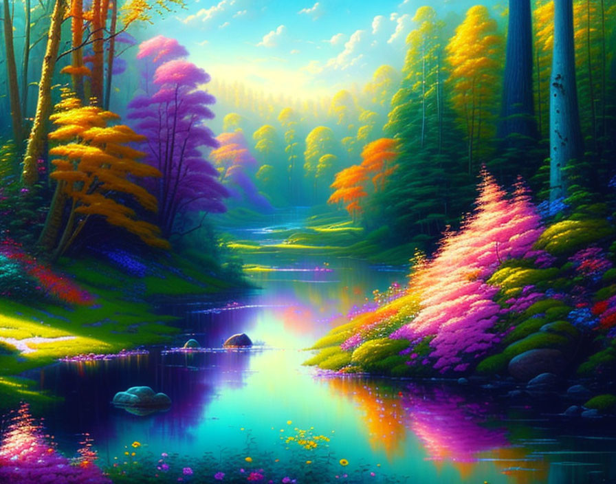 Colorful Forest Scene with Serene Stream and Lush Flora