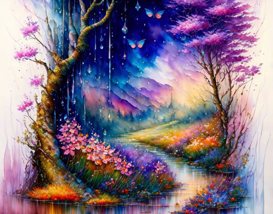 Colorful watercolor painting of mystical forest path with purple trees and rain shower