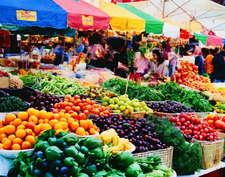 Vibrant Outdoor Market with Colorful Fruit and Vegetable Stalls