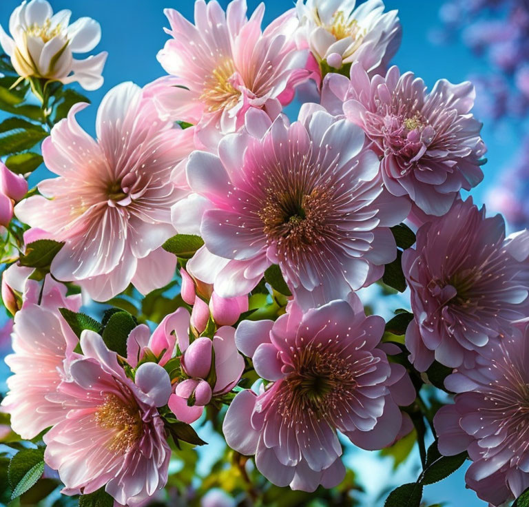 Pink and White Flowers with Yellow Stamens on Blue Sky