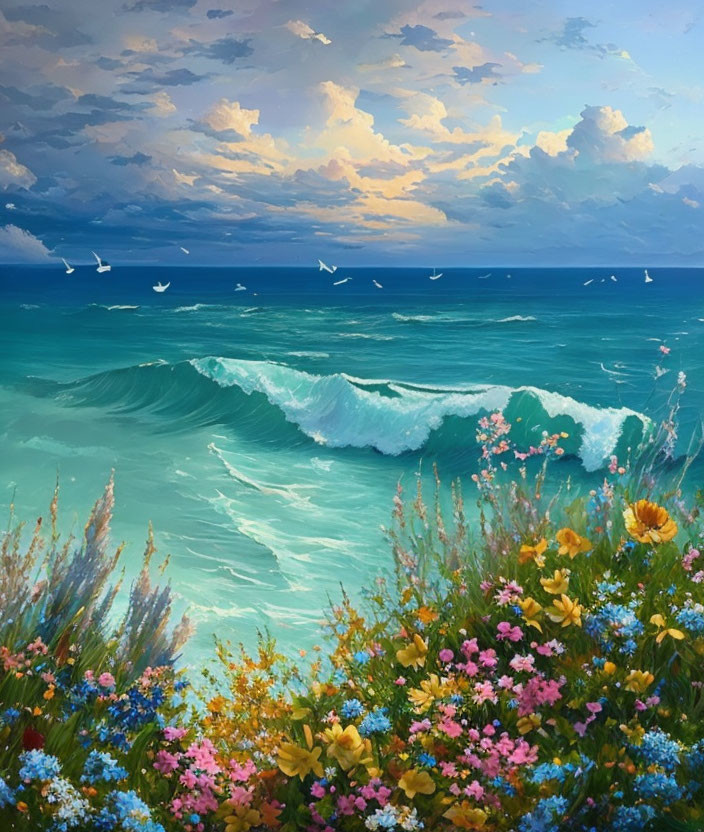 Colorful seascape with waves, sky, seagulls, and wildflowers