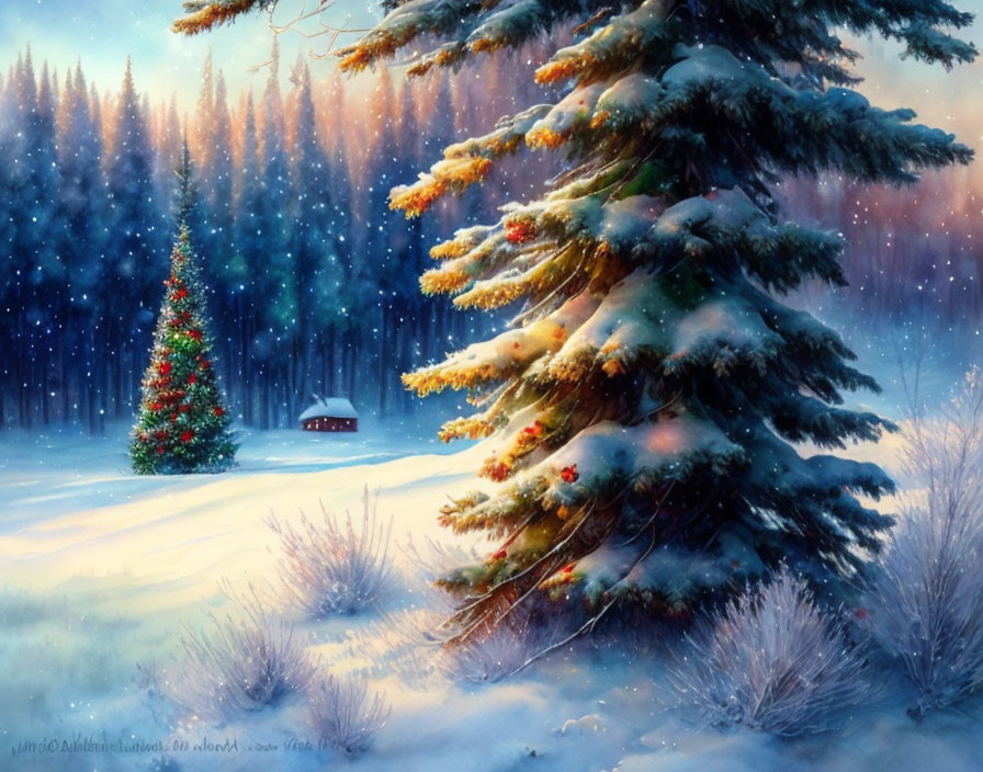 Snow-covered trees and Christmas tree in winter forest scene