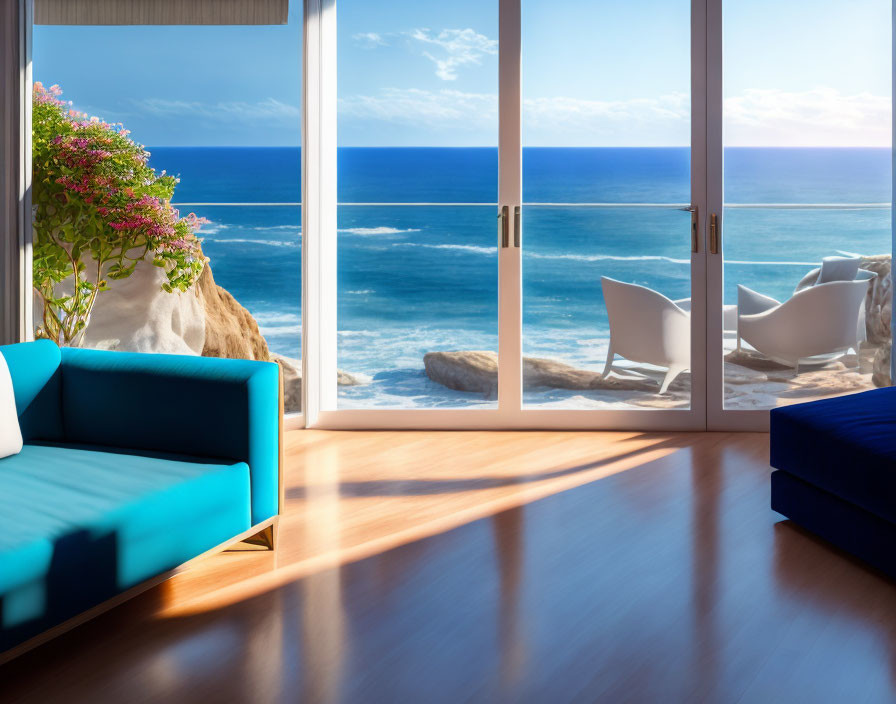 Contemporary Living Room with Blue Sofa and Sea View Terrace