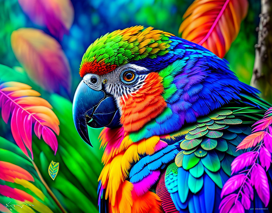 Colorful Macaw Parrot Close-Up with Tropical Foliage